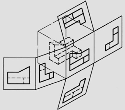 该图像展示了一个三维物体的多视图投影图，包括主视图、俯视图和侧视图。 (由 AI 生成标题)