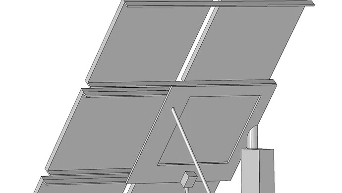 A CAD rendering shows a four-panel solar array angled upward on a stand. (由 AI 生成标题)