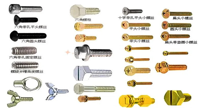 这张图片展示了各种不同类型和尺寸的螺丝和螺栓，包括盘头螺丝、沉头螺丝、六角螺栓等。 (由 AI 生成标题)