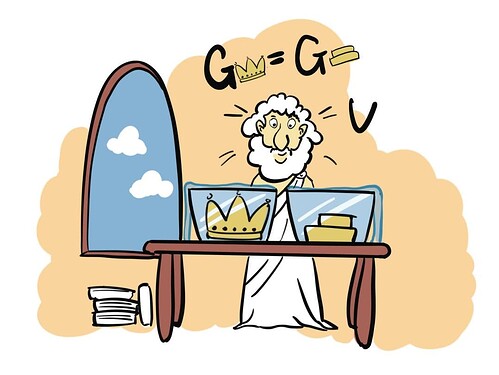 图片描绘了一位穿着古希腊长袍的老人，他正在比较两顶皇冠的重量，旁边有一面镜子和一堆书。 (由 AI 生成标题)