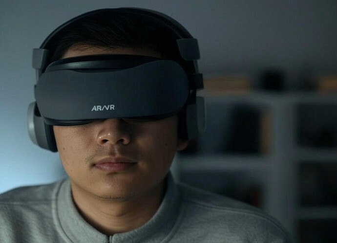 A person wearing a gray AR/VR headset sits in a dimly lit room. (由 AI 生成标题)
