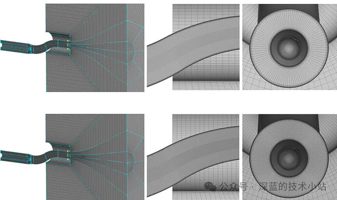 The image shows a detailed view of a computational fluid dynamics (CFD) mesh, focusing on different perspectives of a curved pipe with inlet and outlet sections. (由 AI 生成标题)