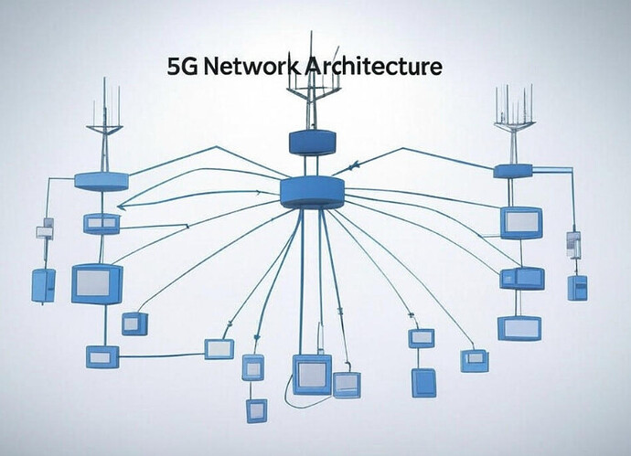 A diagram illustrates the architecture of a 5G network, showing interconnected nodes and antennas. (由 AI 生成标题)