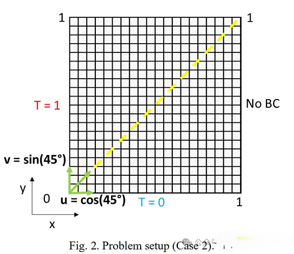 Figure 2 shows a problem setup where a vector with components u = cos(45°) and v = sin(45°) is depicted on a unit square grid, with boundary conditions labeled as "No BC". (由 AI 生成标题)