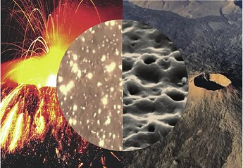 这张图片展示了火山喷发、火山岩微观结构以及火山整体地貌的对比图，从宏观到微观展现了火山的不同形态。 (由 AI 生成标题)