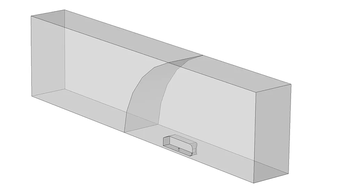 A 3D model shows a rectangular enclosure with a curved partition separating it into two chambers, one containing a small rectangular object. (由 AI 生成标题)
