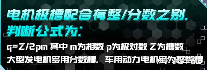 The image displays a formula for calculating the number of slots in an electric motor, differentiating between integer and fractional slot configurations. (由 AI 生成标题)