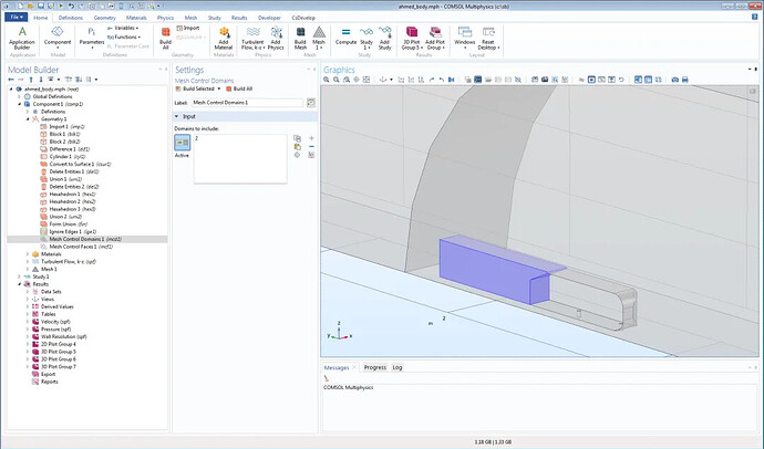 A screenshot of COMSOL Multiphysics software shows a 3D model of a structure with a highlighted section, along with various menus and options for meshing, studies, and plotting. (由 AI 生成标题)