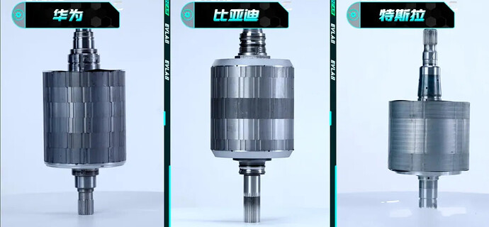 Three different stages of an EV motor rotor assembly are shown, labeled in Chinese characters. (由 AI 生成标题)