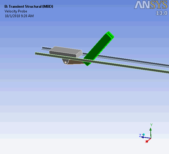 该图像是ANSYS 13.0软件中瞬态结构(MBD)分析的模拟结果，显示了速度探头在斜面上运动的物体。 (由 AI 生成标题)